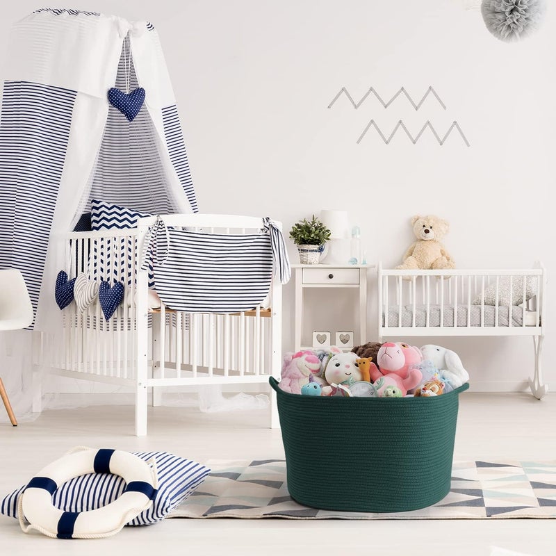 Maliton Woven Rope Basket for Blankets, Extra Large Storage, Green Laundry Hamper, Baby and Pet Toy Storage, Big Towel Basket, 22" x 22" x 14" Blanket Holder, Cotton Rope Bin - Image 4